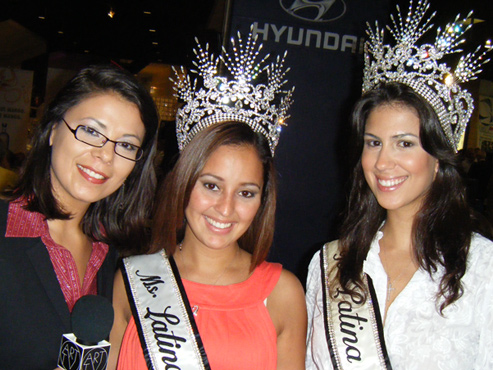 Reigning Ms Latina International, Vivian Perez (center) with Ms. Latina International 2007, Dianna Morejon (right) and network reporter Valerie Sanchez (left)