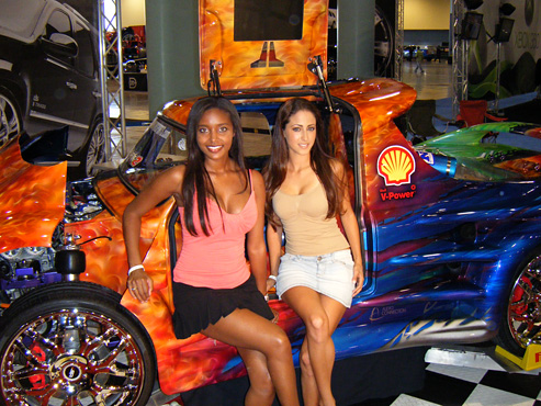 Brandy & Jessica from Pirelli Tires in an Extreme 1965 Mini Cooper Pickup Truck by Ireson Motorsports